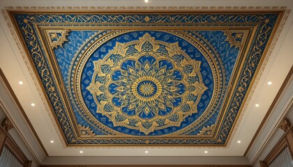 Blue and Gold Mandala Design Framed Within Ornate Decorative Backdrop