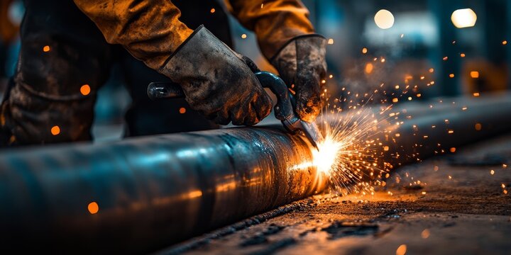 Industrial worker cutting metal pipe with sparks flying in workshop - Powered by Adobe
