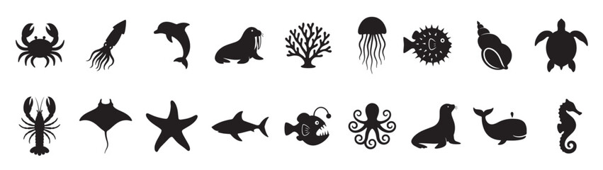  sea creature life animal black silhouette design bundle set © Gnkkv