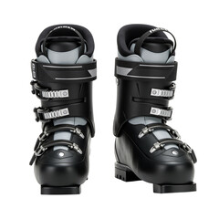 Pair of contemporary black and gray alpine ski boots ready for winter mountain adventures