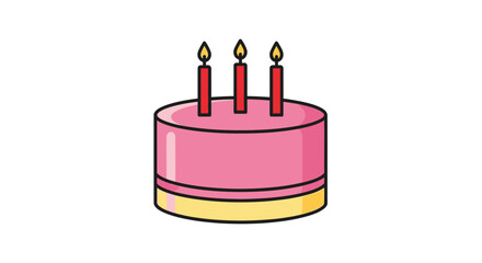 Festive Pink Birthday Cake with Three Lit Candles, Isolated on White Background