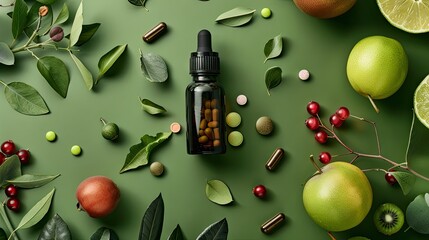 A bottle with capsules of dietary supplements or vitamins surrounded by fresh green leaves and fruits on a bright green background.