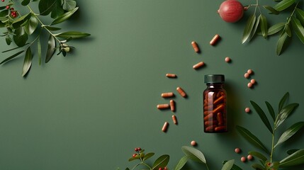 A bottle with capsules of dietary supplements or vitamins surrounded by fresh green leaves on a bright green background.