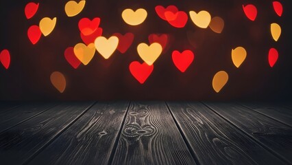 A romantic background with heart shapes in red and yellow on a dark wooden floor