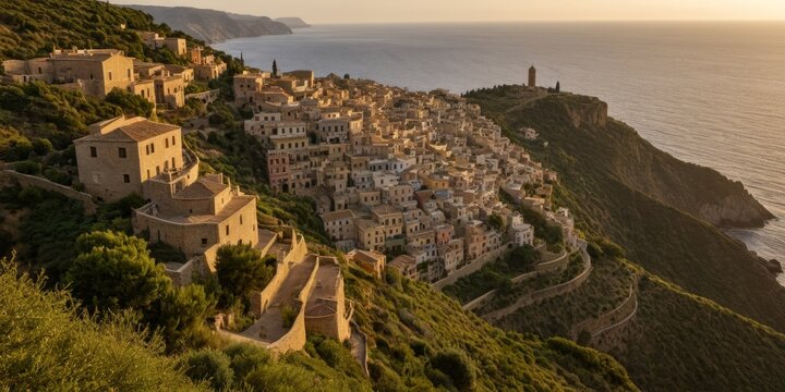 H&auml;user an der K&uuml;ste in den Bergen bei Sonnenuntergang &ndash; mediterrane Landschaft