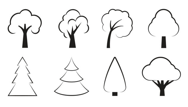 set of cortoon icons on a theme trees isolated
