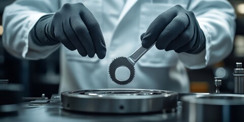 Engineer inspecting small gear and cogwheel in laboratory