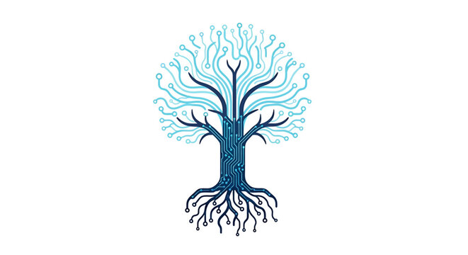 artificial intelligence tree logo with circuit board branches and roots symbolizing digital growth innovation data network and technology ecosystem