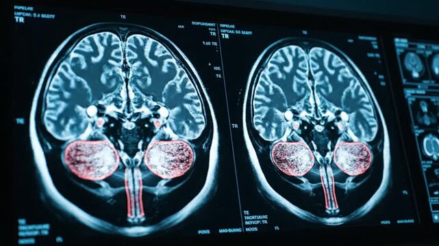 Futuristic medical display showing side by side brain MRI scans with red heatmap highlights and diagnostic data interface