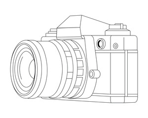 Black and white technical drawing of a digital camera and lens