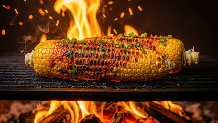 Golden Grilled Corn: A vibrant, close-up shot of a single ear of corn sizzling on a grill, flames dancing beneath.