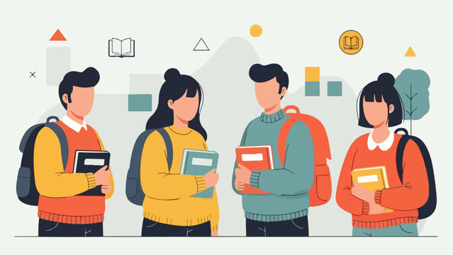 Group of students standing together holding books and tablets in a modern educational setting