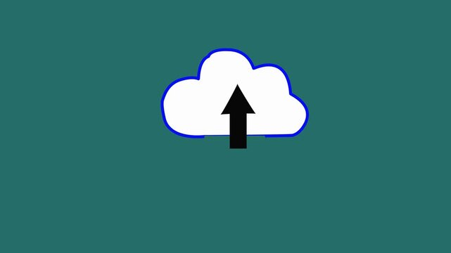 White cloud with blue outline and black upload arrow on teal background data storage