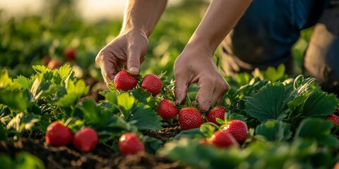 Farmer harvesting fresh strawberries in cultivated field at sunset