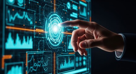 Technological Interface: A hand interacts with a cutting-edge digital interface, as the interface lights up, conveying the concept of innovation and connection, technological transformation.