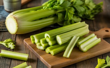 Obraz premium Freshly cut celery sticks on wooden cutting board