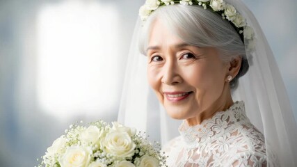 Bride's Timeless Grace: A serene senior bride radiates beauty, holding a bouquet, crowned with a delicate floral headpiece and veil, epitomizing enduring love.