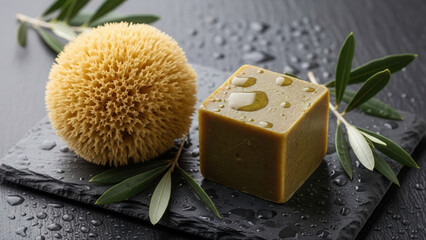 Natural sponge near a bar of olive soap on dark slate with water droplets and olive leaves, creating a fresh and organic spa-like atmosphere