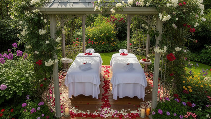 Couple enjoying a serene outdoor spa experience in a lush garden with massage tables under a floral gazebo, surrounded by vibrant flowers and greenery