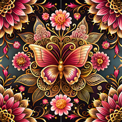 Opulent golden butterfly with fuchsia and pink floral filigree on a dark backdrop