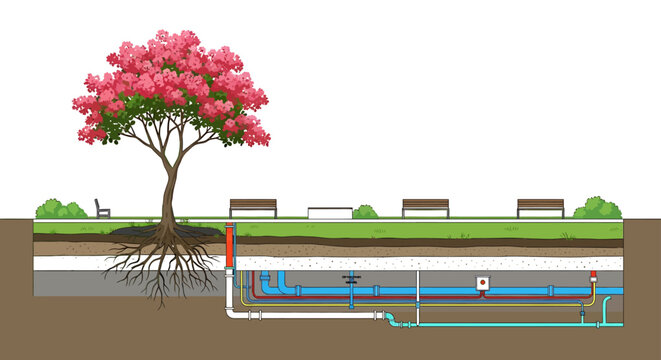 urban tree root system and underground utility pipes cross section in city park showing infrastructure layout for planning and education