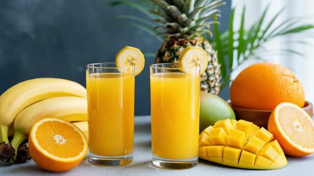 Refreshing Fruit Fiesta: A vibrant arrangement of fresh fruits and juices, bursting with color and the essence of nature's bounty. The image evokes a sense of refreshment and well-being.