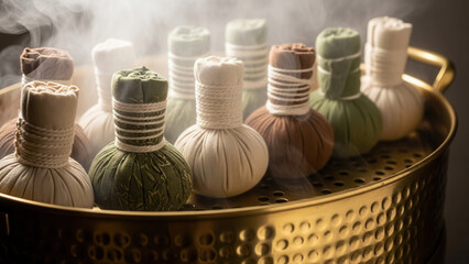 A massage therapist holds herbal compress balls steaming in a golden bowl, creating a soothing and aromatic atmosphere for relaxation therapy, holding