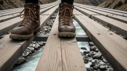 Close-up of hiking boots on a wooden suspension bridge with a family trekking across a rugged mountain landscape