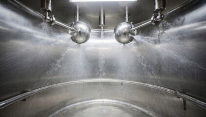 Medium shot of sanitizer spray balls distributing disinfectant inside a mixing tank highlighting sterile cleaning procedures during the CIP process in beverage or pharmaceutical