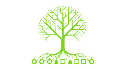 data tree infographic showing green digital network branches and roots connecting abstract icons on white background for technology concepts