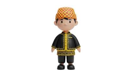 3D Cartoon Boy in Traditional Malaysian Songkok and Baju Melayu on transparent background