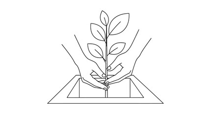 sustainable investment concept with hands planting young tree in soil minimalist line art illustration for eco finance csr and green marketing