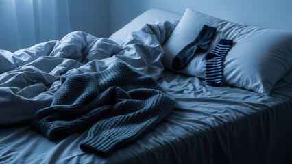 Cozy wool sweater and socks on a neatly made bed in soft blue lighting, creating a tranquil and inviting atmosphere
