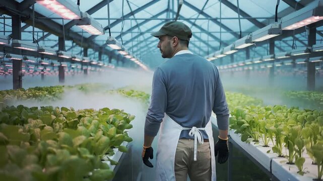 Epic slow motion tracking shot following farmer walking slowly through massive commercial hydroponic greenhouse, camera at dynamic three-quarter angle from slightly behind, worker's head turned toward