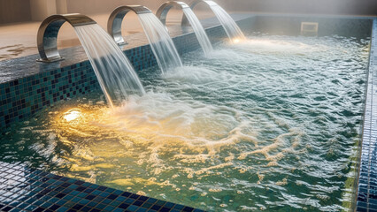 Luxurious spa plunge tub with cascading water creating gentle ripples, surrounded by sleek tiles and ambient lighting, offering a serene relaxation experience