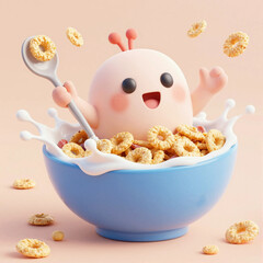 Cute character 3D image of amazing cereal bowl milk splash maraton