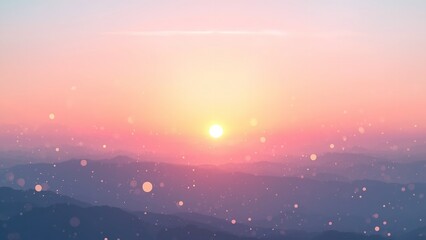 A serene mountain landscape at sunset with a vibrant sky and sparkling lights