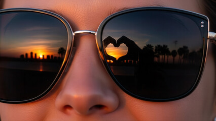 Reflection of a man making a heart shape with hands during sunset in stylish sunglasses, capturing a vibrant cityscape and palm trees in the background