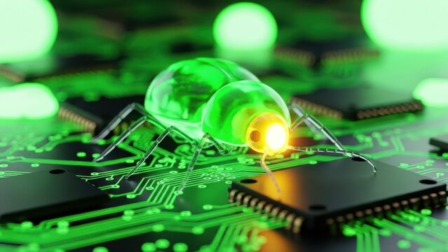 Digital Bug Invasion: A digital bug, glowing with an ominous green aura, infests the intricate circuitry of a computer motherboard, symbolizing a threat to digital security and data protection.  - Powered by Adobe