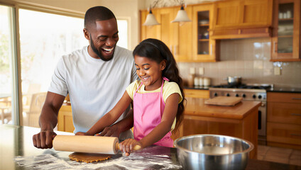 Cheerful Father & Daughter Baking Together: Family Kitchen Activity, Parent & Child Cooking Fun
