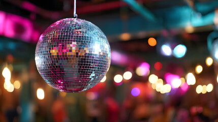 Colorful disco ball hanging at a dance venue with bright lights during a lively party night