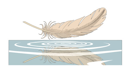 Serene illustration of a delicate feather floating above a calm reflective water surface enhancing