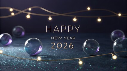 An elegant new year greeting with happy new year 2026 text surrounded by glowing fairy lights and glass spheres