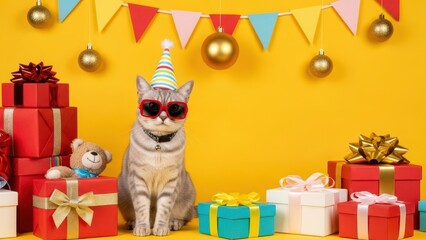 Purrfect Birthday Surprise: A playful feline, adorned with party attire, surrounded by brightly wrapped presents and festive decorations, exudes charm and celebration.