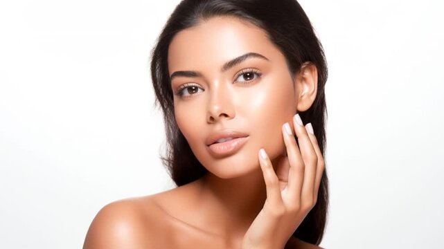 Female beauty Portrait. Beautiful  multiethnic latina woman with posing, touching her natural, healthy skin. Wellness and skincare concept on soft isolated background. 
