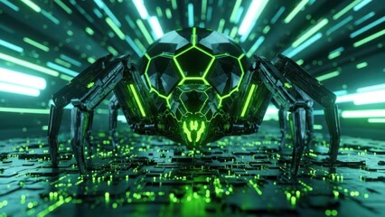Cyber Spider: The image of a mechanical cyber spider dominates the scene, its intricate design a fusion of nature and technology. This represents future concept and an emblem of digital age.