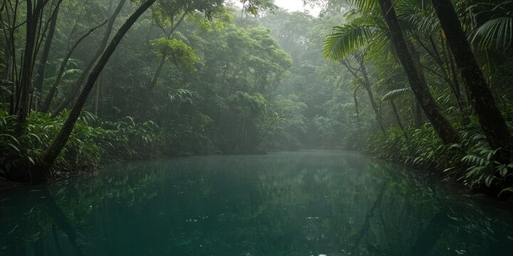 Mystischer Dschungel mit nebligem Wasser und &uuml;ppiger Vegetation in einem tropischen Paradies