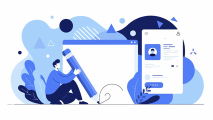 Digital profile creation with a person drawing on a large pencil and laptop screen, illustrating online identity and personal branding