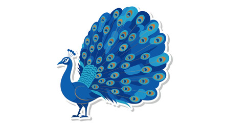 Stylized digital illustration of a majestic peacock with vibrant blue feathers featuring eye