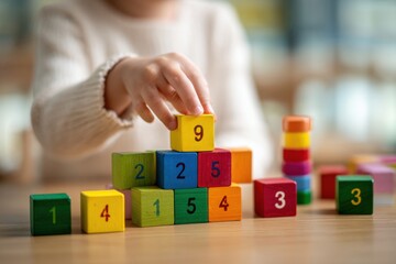 Child engages in learning numbers and math concepts through colorful building blocks at home during the afternoon
